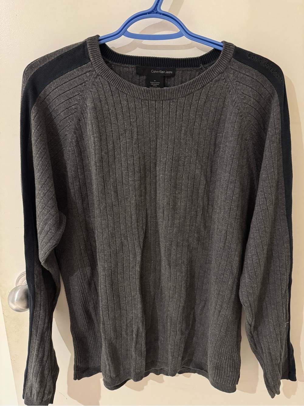 Calvin Klein Jeans Men's Dark Gray Crewneck Sweater with Black Shoulder Panels